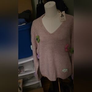 Easel Soft Beige V-Neck Sweater Size Large Boho  Cute Flowers On Arm And Body